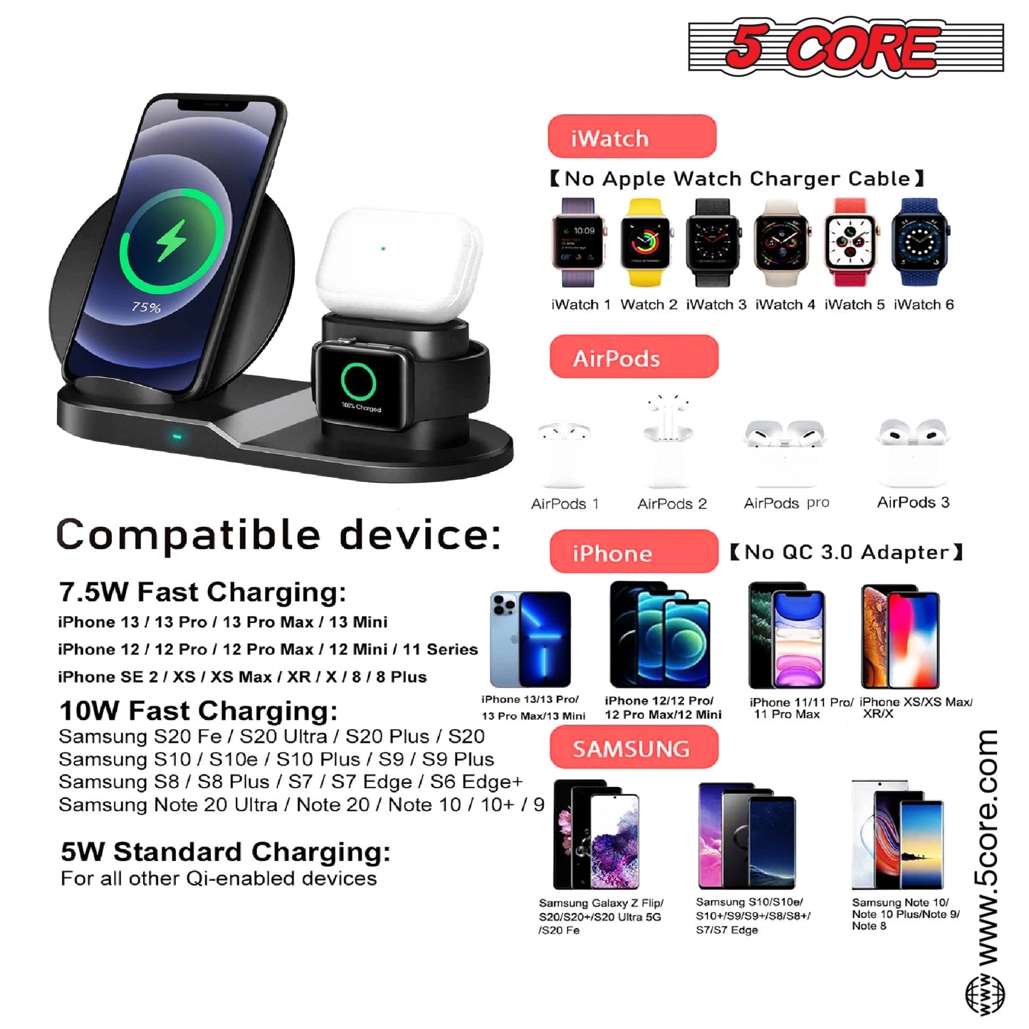 5 Core Wireless Charging Station 3 in 1 Wireless Charger Stand QI Fast Wireless Charging W Dual Coil for Samsung Iphone for Apple Watch Airpod -WCR 3